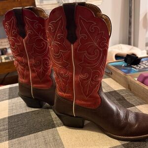 Ariat Red and Brown Western Boots- size shoes 8 but fit is small.